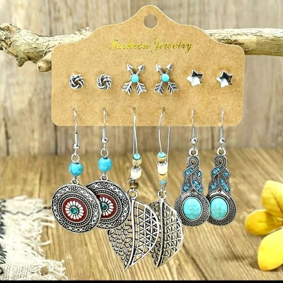 Bohemian silver turquoise earring bundle set - Picture 1 of 4